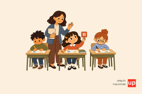 Insegnante e alunna in una classe primaria usano un piccolo cartoncino di pausa in modo discreto durante un’attività al banco.