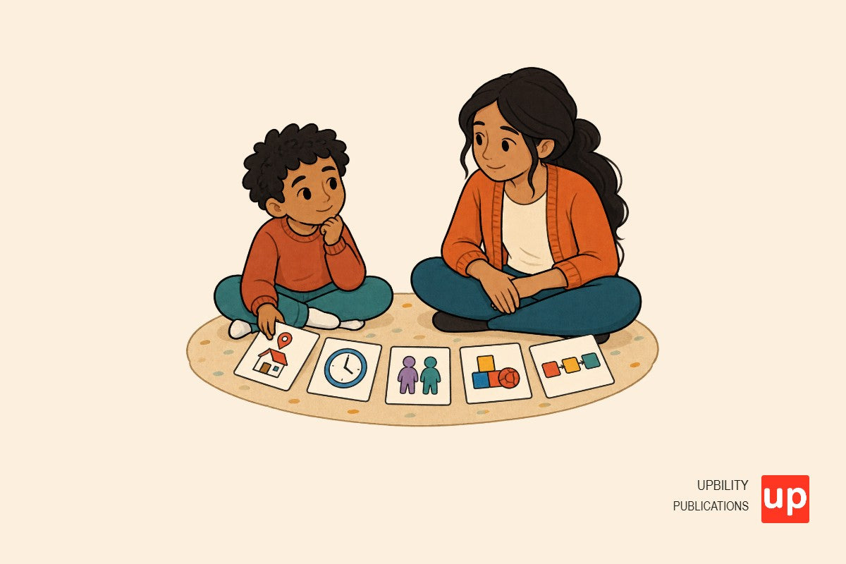 Un adulto e un bambino siedono insieme sul tappeto e osservano cinque carte illustrate per ricostruire un litigio.