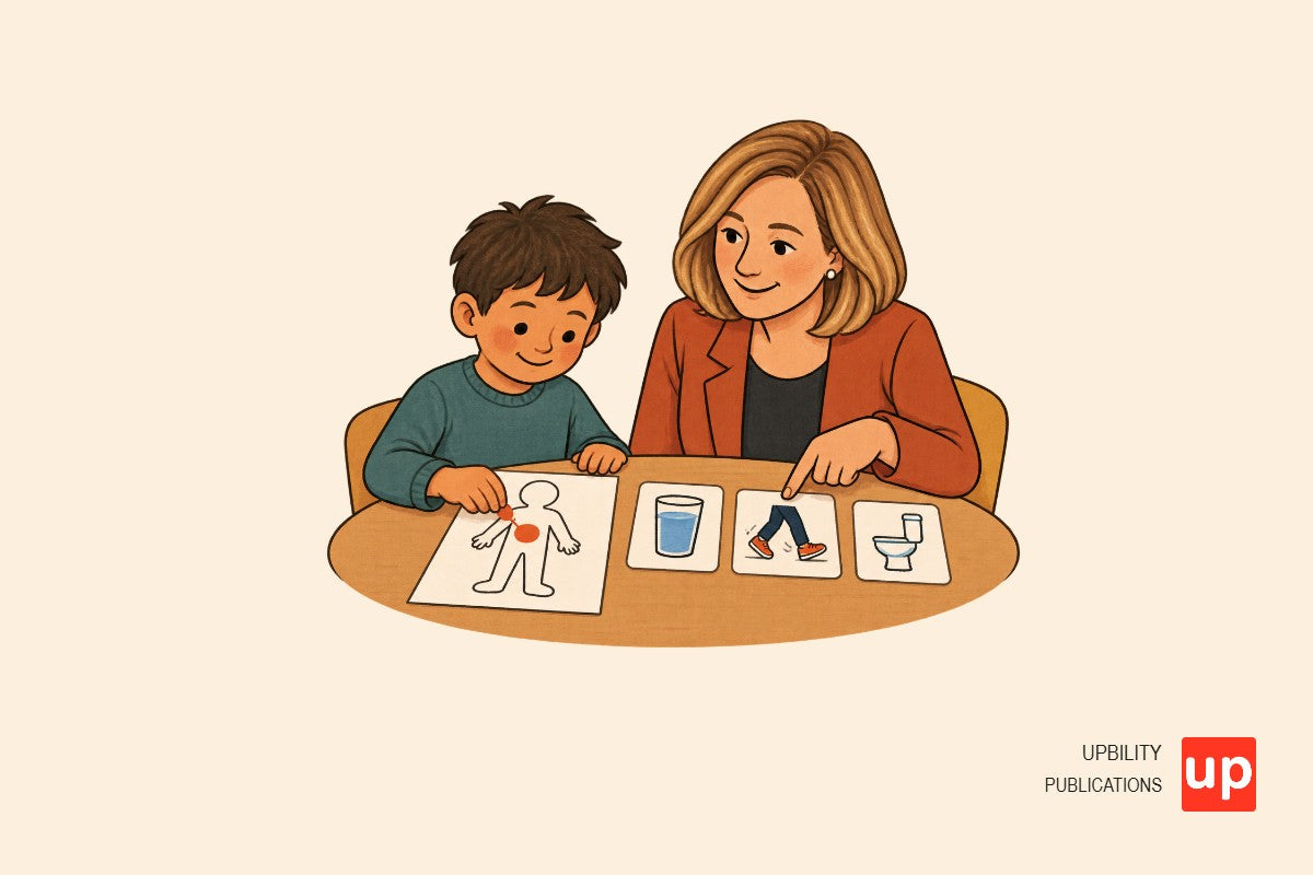 Bambino che indica una sagoma del corpo con adesivi colorati mentre un adulto gli mostra semplici carte con strategie di autoregolazione.