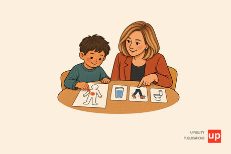 Bambino che indica una sagoma del corpo con adesivi colorati mentre un adulto gli mostra semplici carte con strategie di autoregolazione.