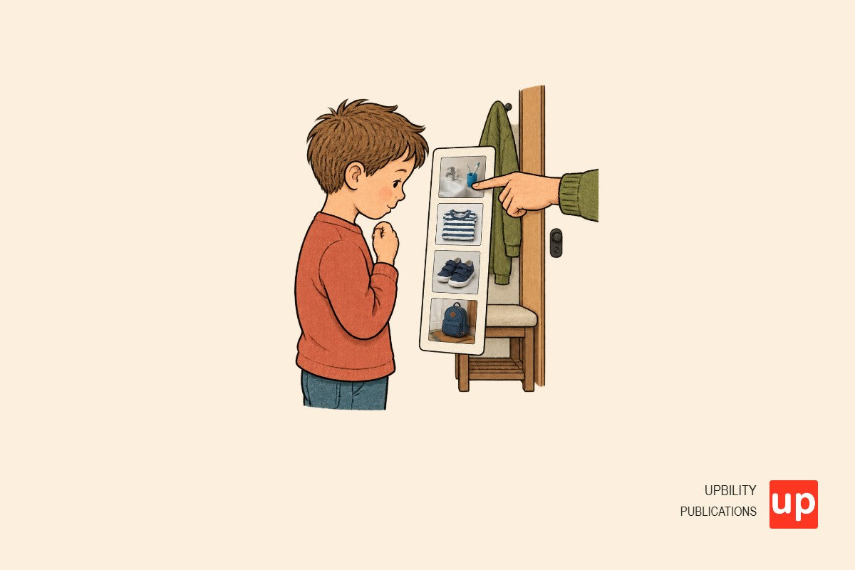 Bambino che guarda una sequenza di fotografie reali per la routine del mattino.
