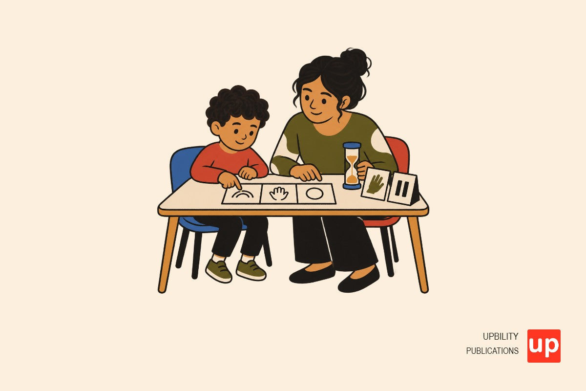 Un bambino e un adulto organizzano una consegna scolastica in piccoli passaggi su un tavolo.