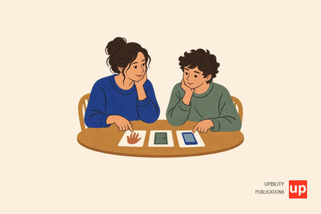 Un genitore e un’adolescente parlano seduti a un tavolo con carte visive su consenso, privacy e sicurezza.